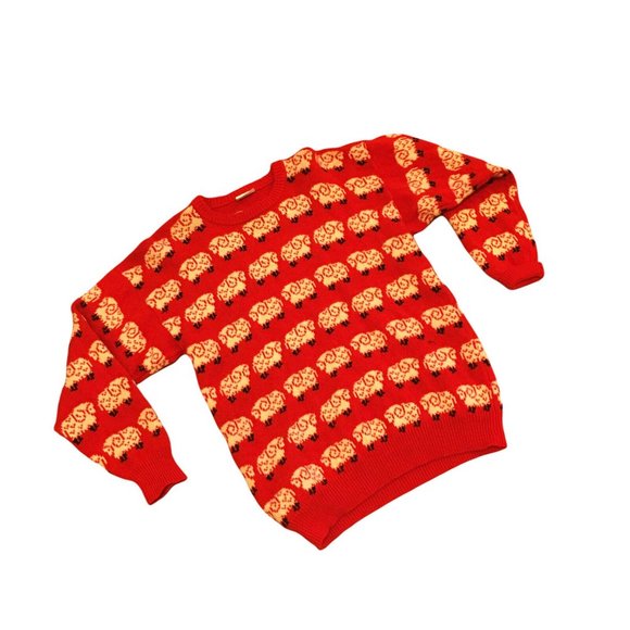Moore Woolies Sweaters - Moore Woollies Red & White Sheep Shetland Wool Sweater Vintage Size Large